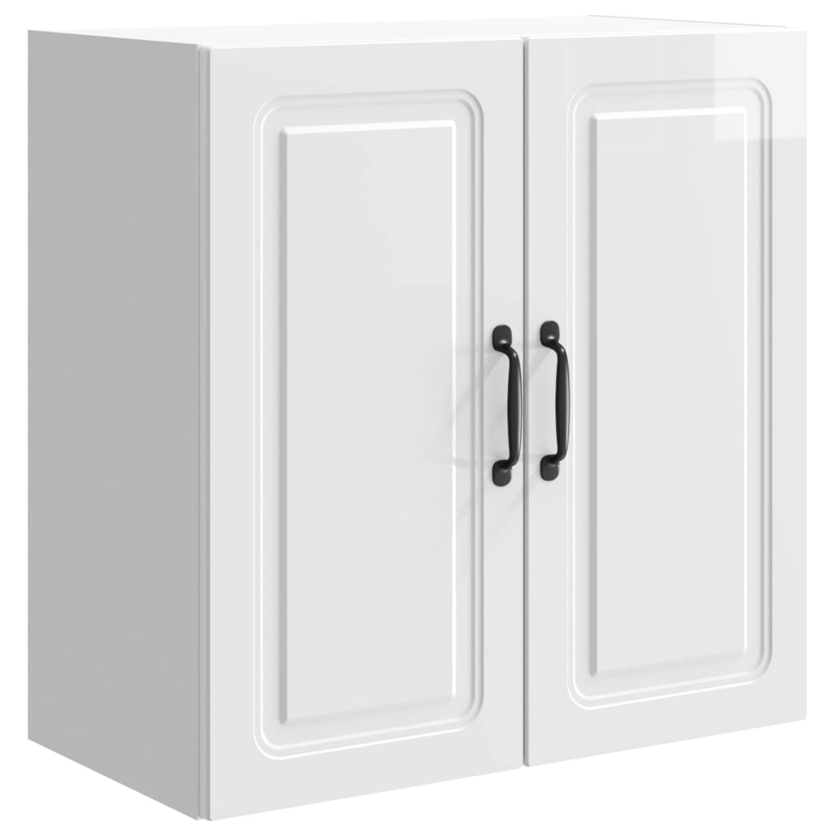 white wall cabinet with two doors and black handles