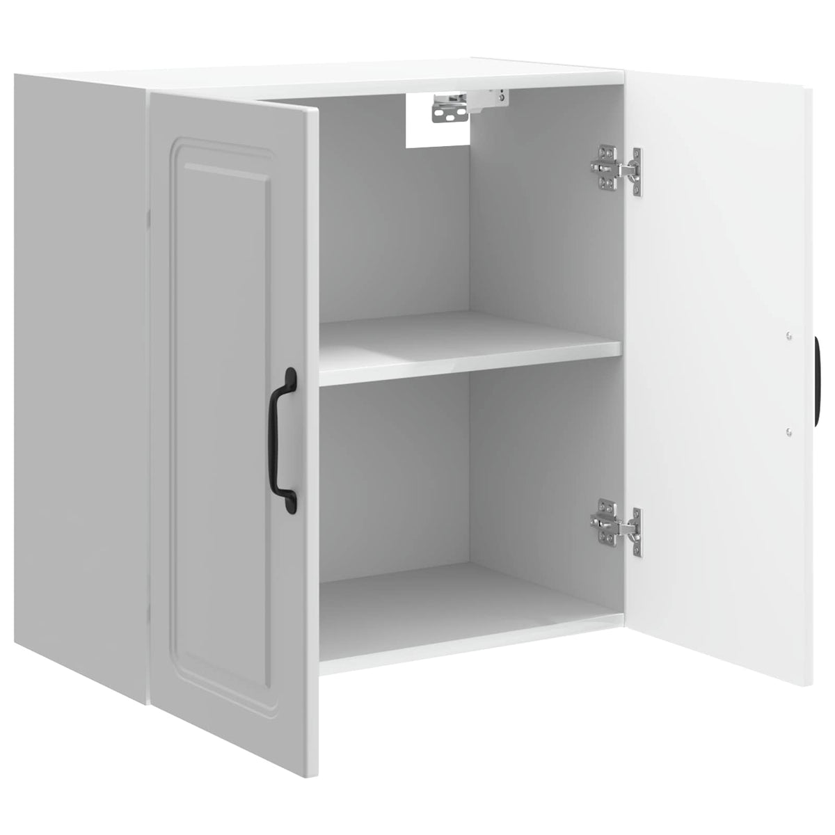 the wall cabinet with its doors open showing two shelves inside