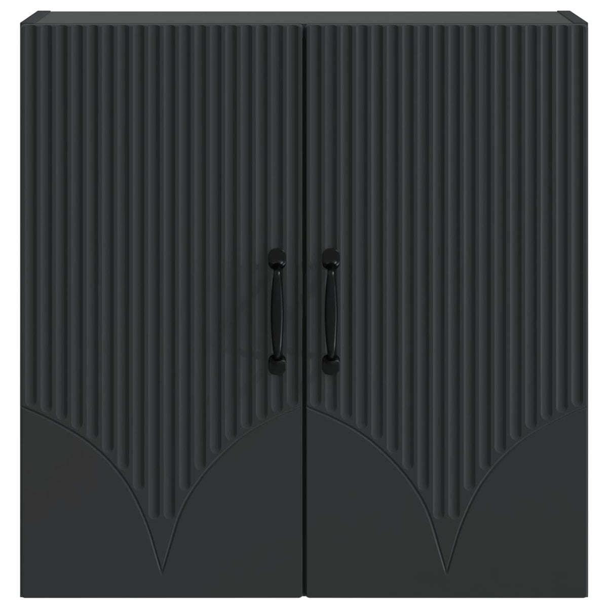 Close-up of the ribbed door fronts of the black wall-mounted cabinet