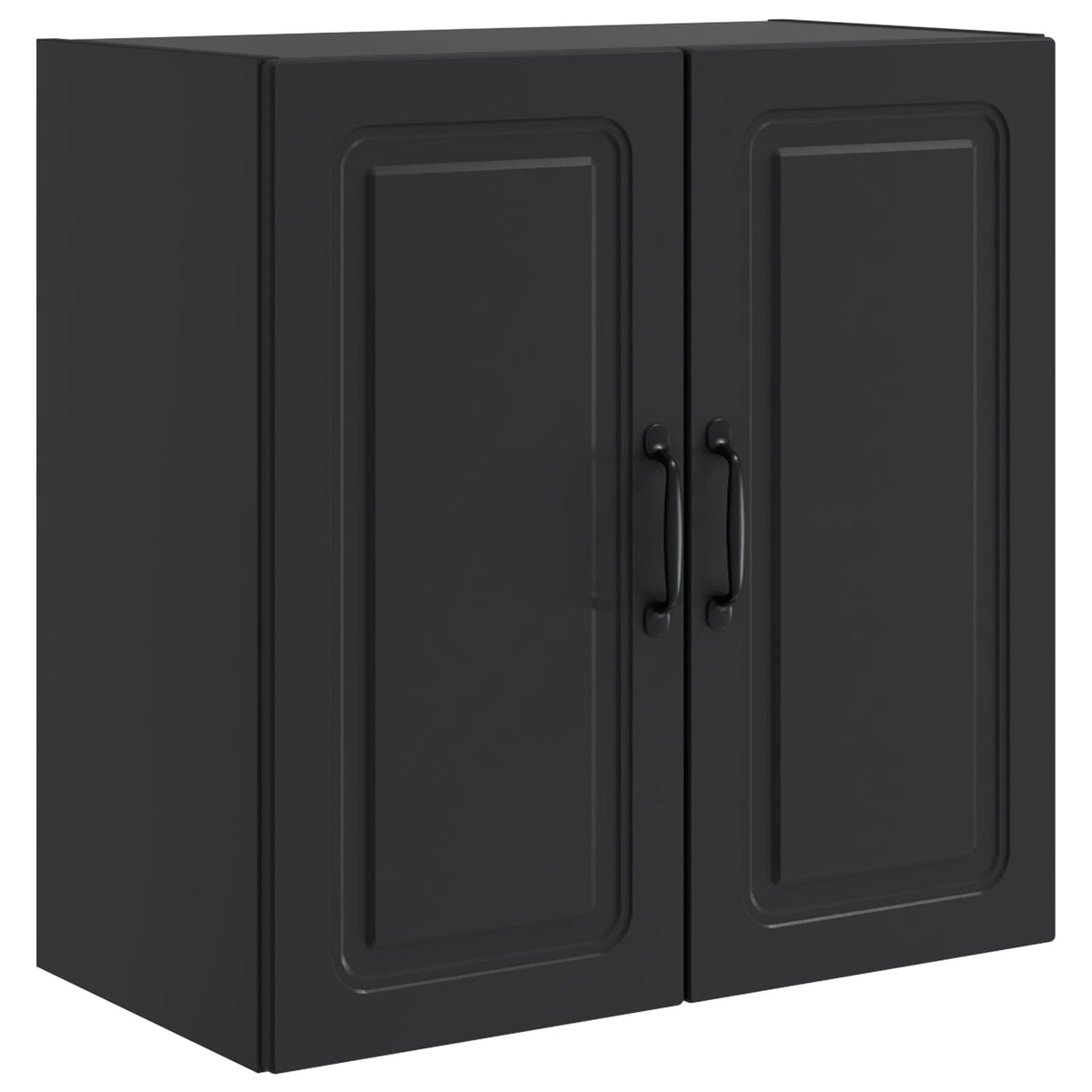 The black storage cabinet with two doors and handles shown from a high angle