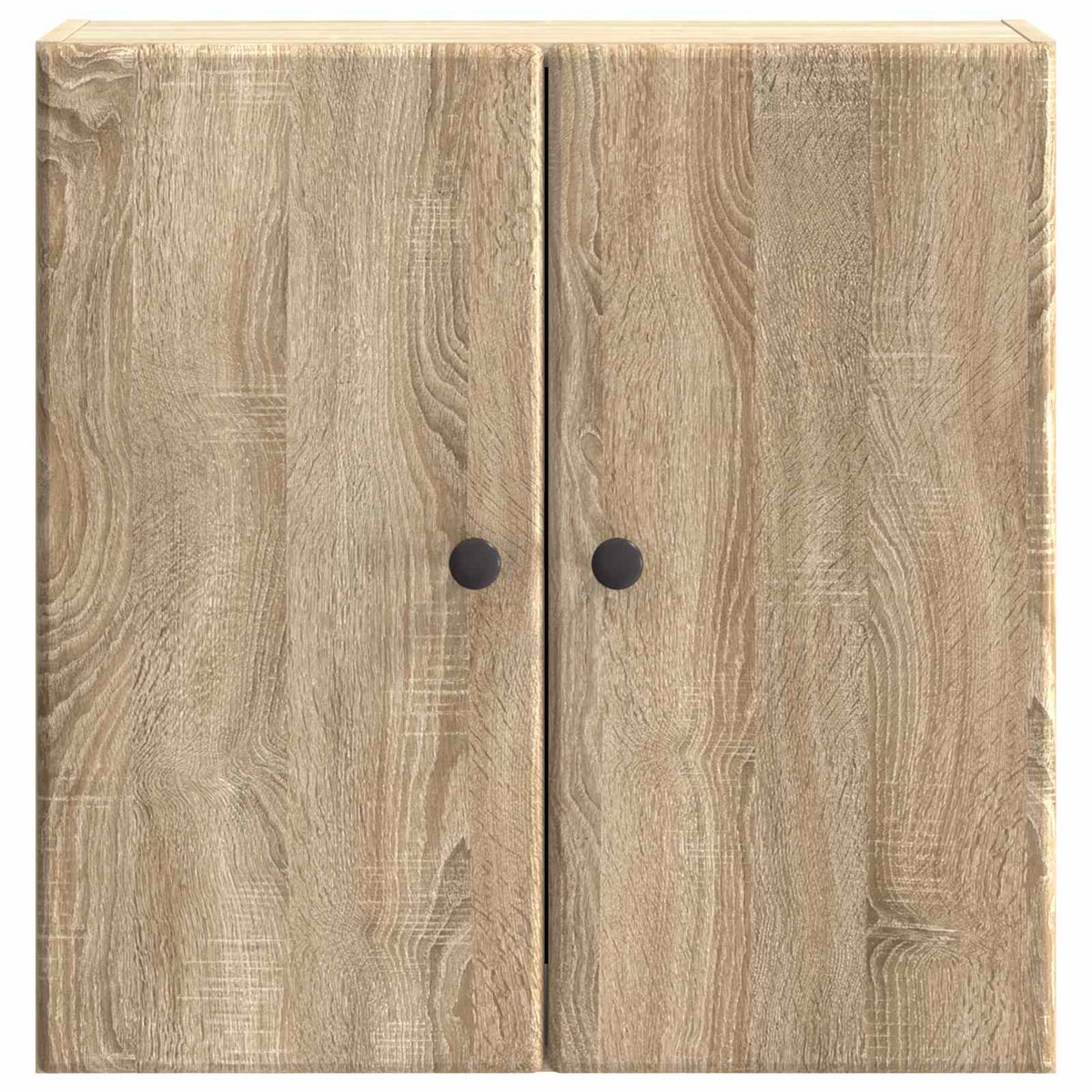 The wall cabinet viewed directly from the front showing the wood grain pattern