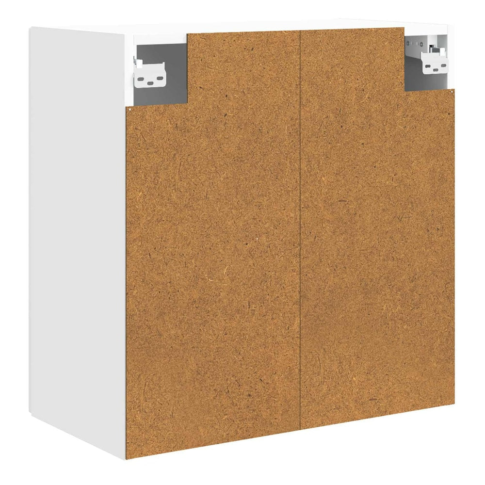 Rear view of the white storage cabinet showing the back panel and mounting brackets