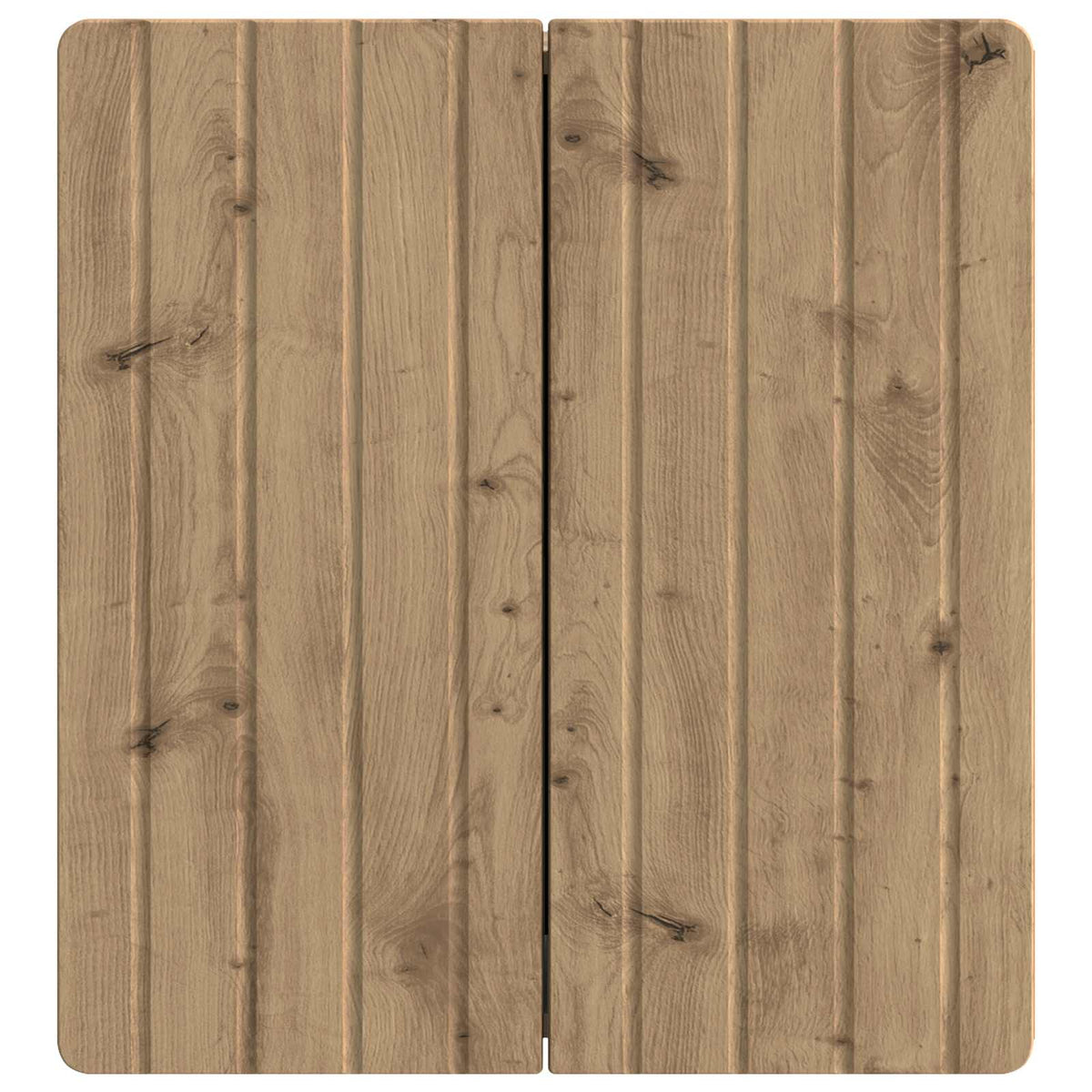 The front of the wall cabinet showing the detailed wood grain texture on the closed doors
