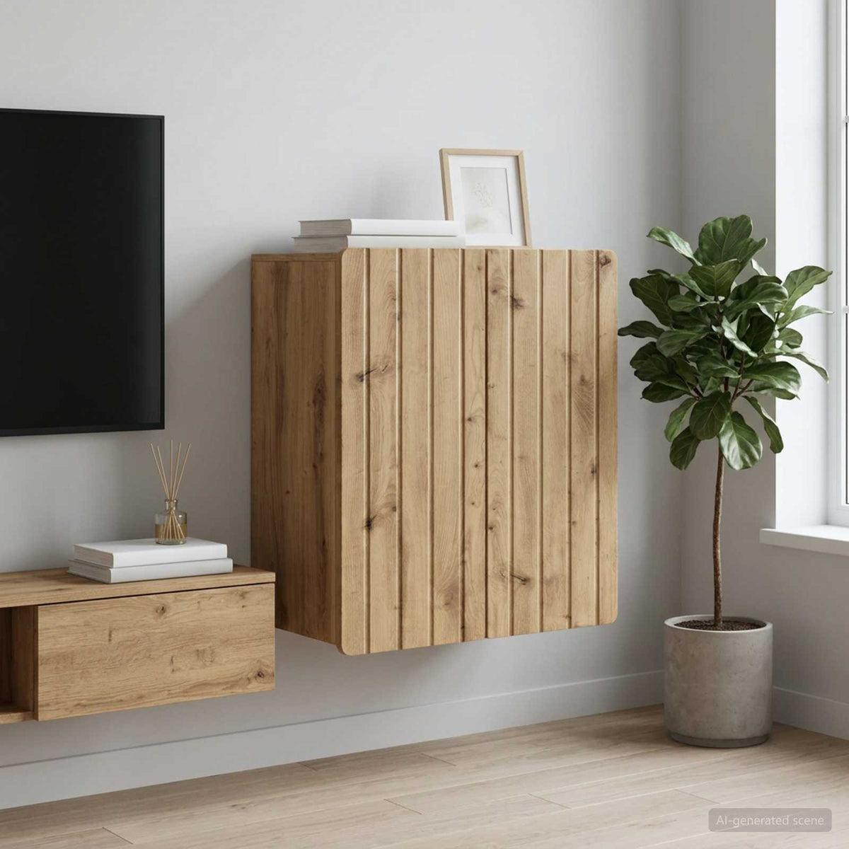 vidaXL Wall-Mounted Cabinet Engineered Wood mounted on a living room wall next to a television