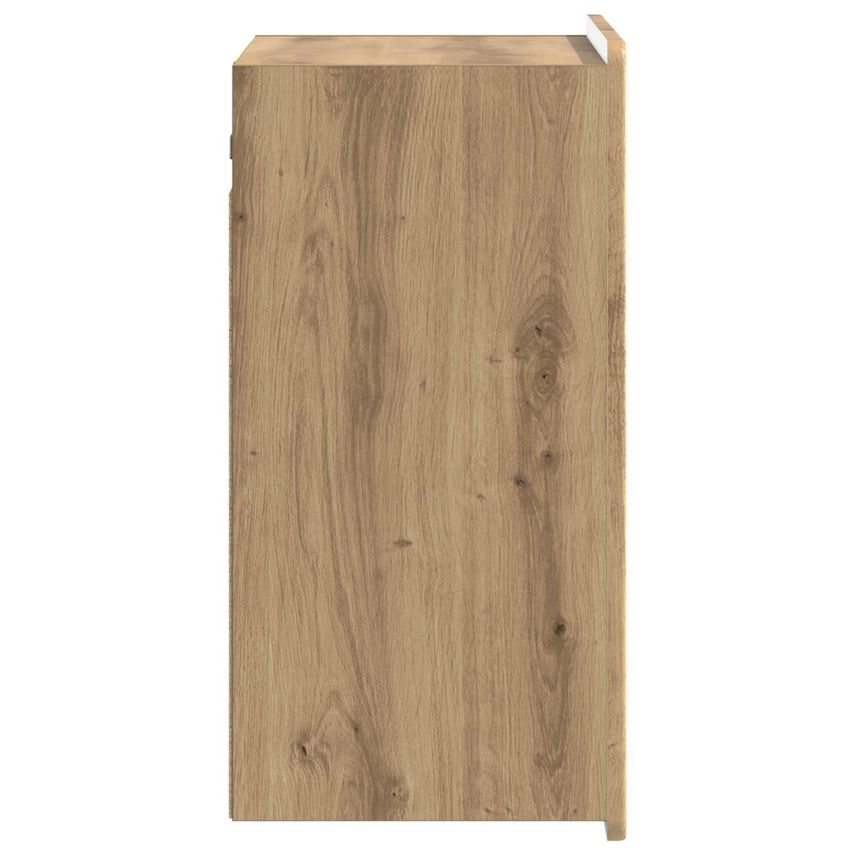 The side profile of the wall cabinet showing the smooth wood grain finish of the panel