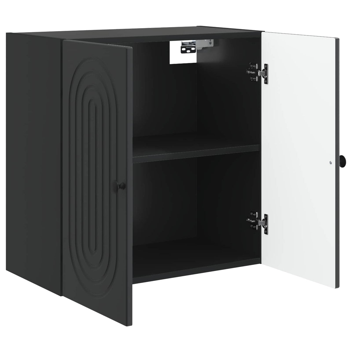 The wall cabinet with both doors open showing the internal storage shelf and metal hinges