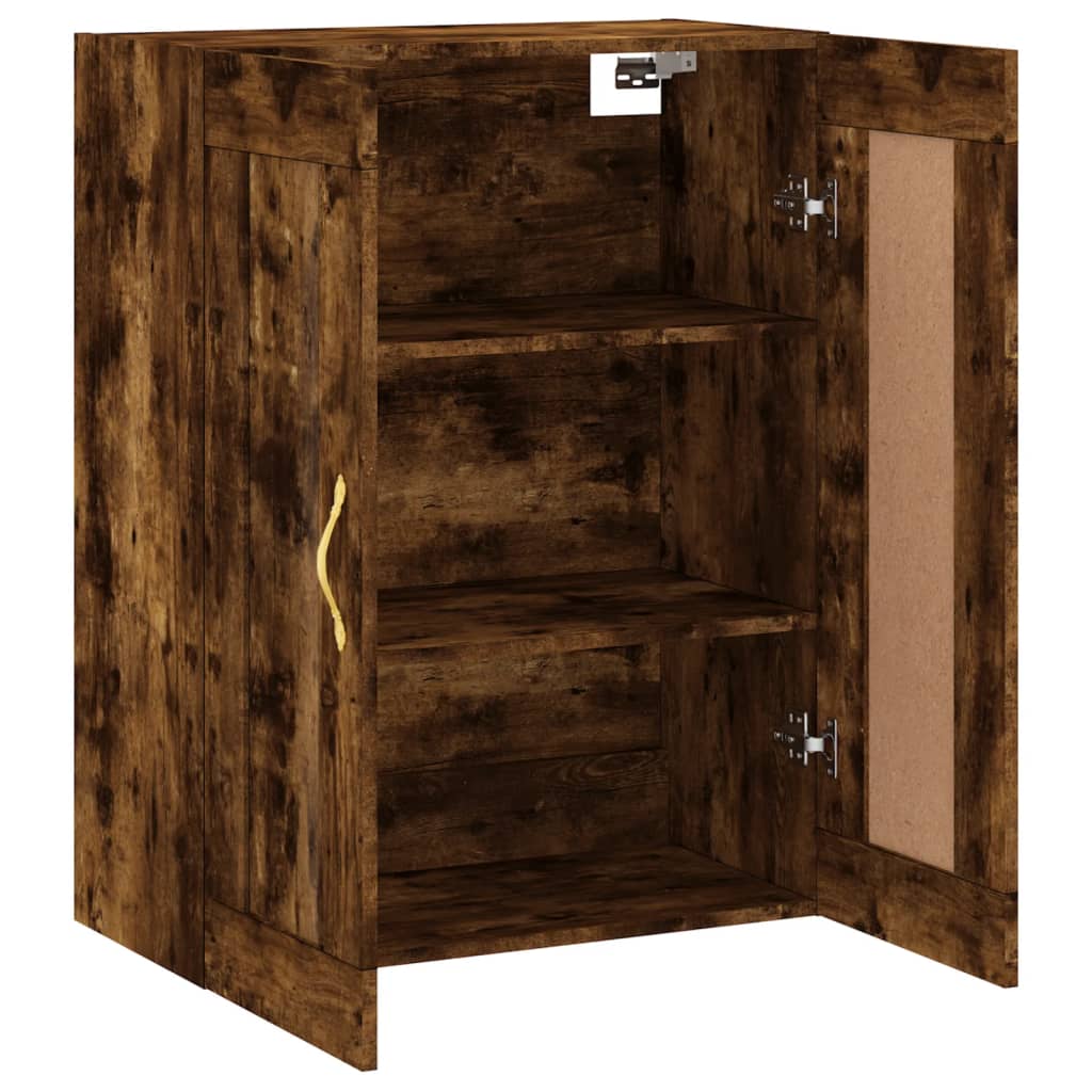Smoked oak engineered wood wall mounted cabinet with doors open showing shelves and toiletries