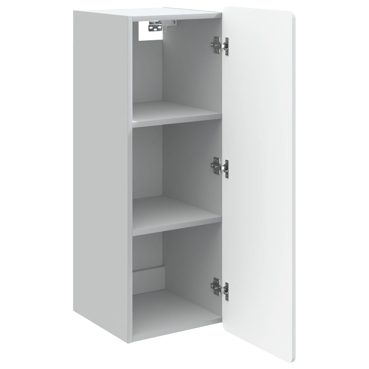The wall cabinet with the door open revealing two internal storage shelves