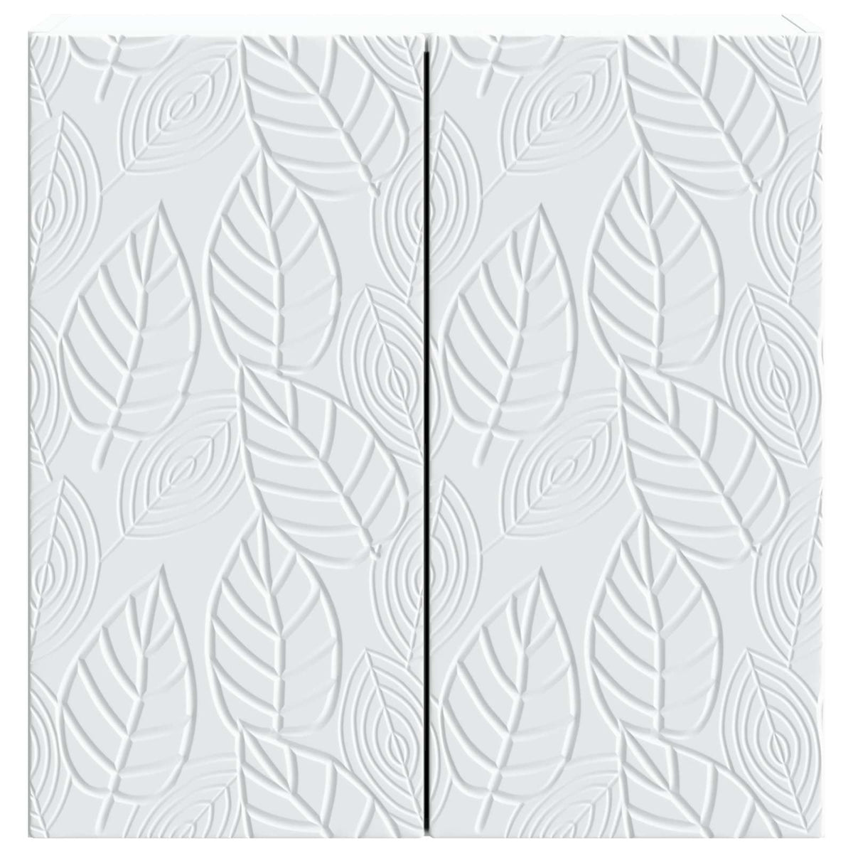 The white wall-mounted cabinet showing the textured leaf pattern on the doors