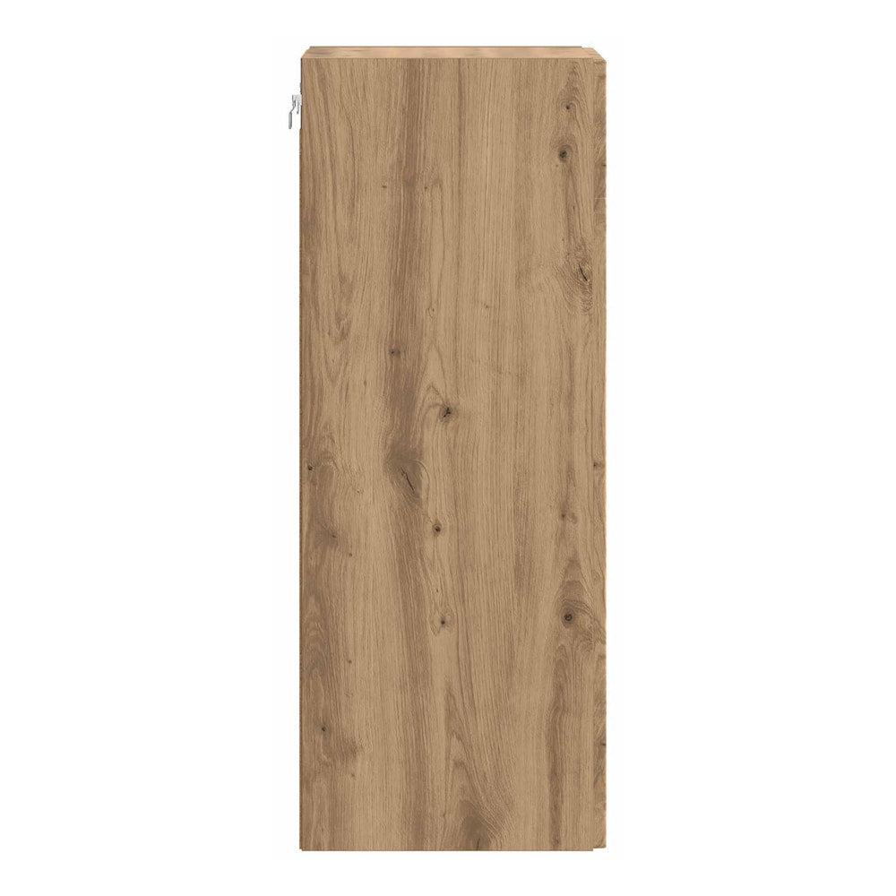 The side of the wall-mounted cabinet showing wood grain effect
