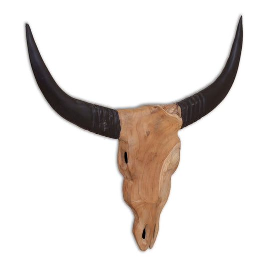 Wall-Mounted Bull Skull Sculpture Teak, a wooden bull skull with large black horns, mounted on a white background