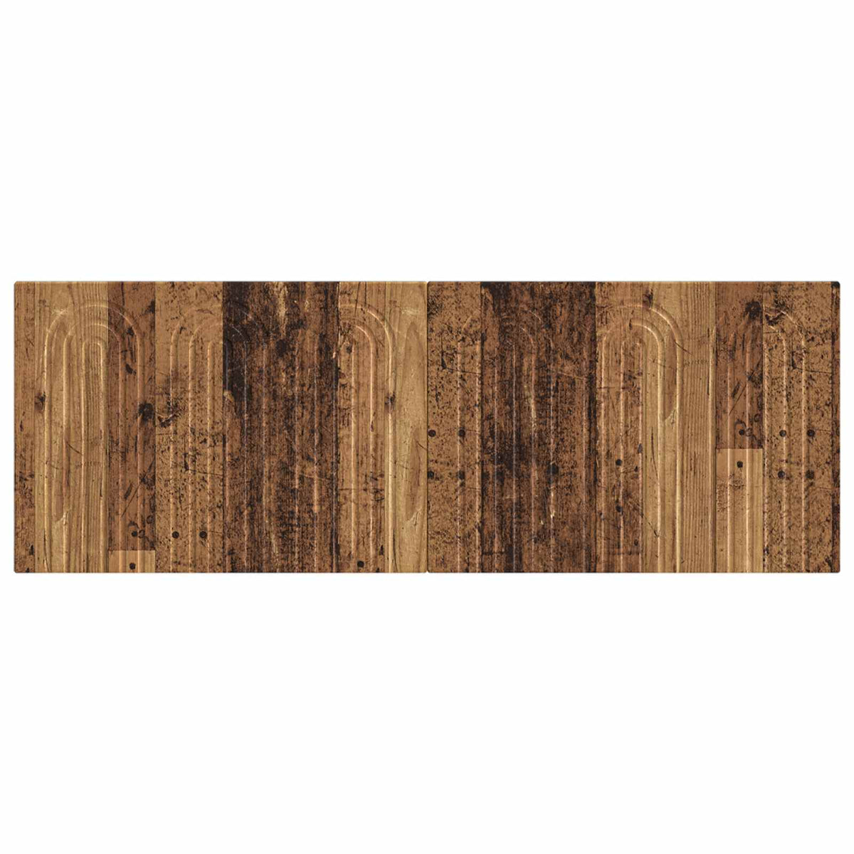 The rectangular headboard featuring a rustic wood grain pattern and arched decorative details
