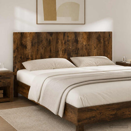 vidaXL Wall-Mounted Headboard BREDA Smoked Oak Engineered Wood shown fitted to a bed in a bedroom setting