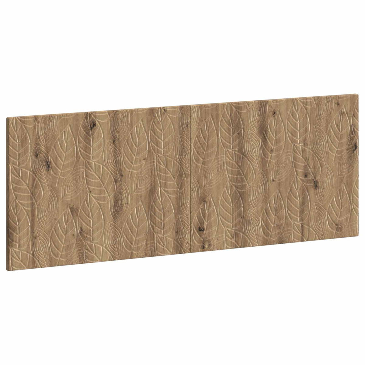 Wall-mounted headboard with a repeating leaf pattern in artisan oak finish