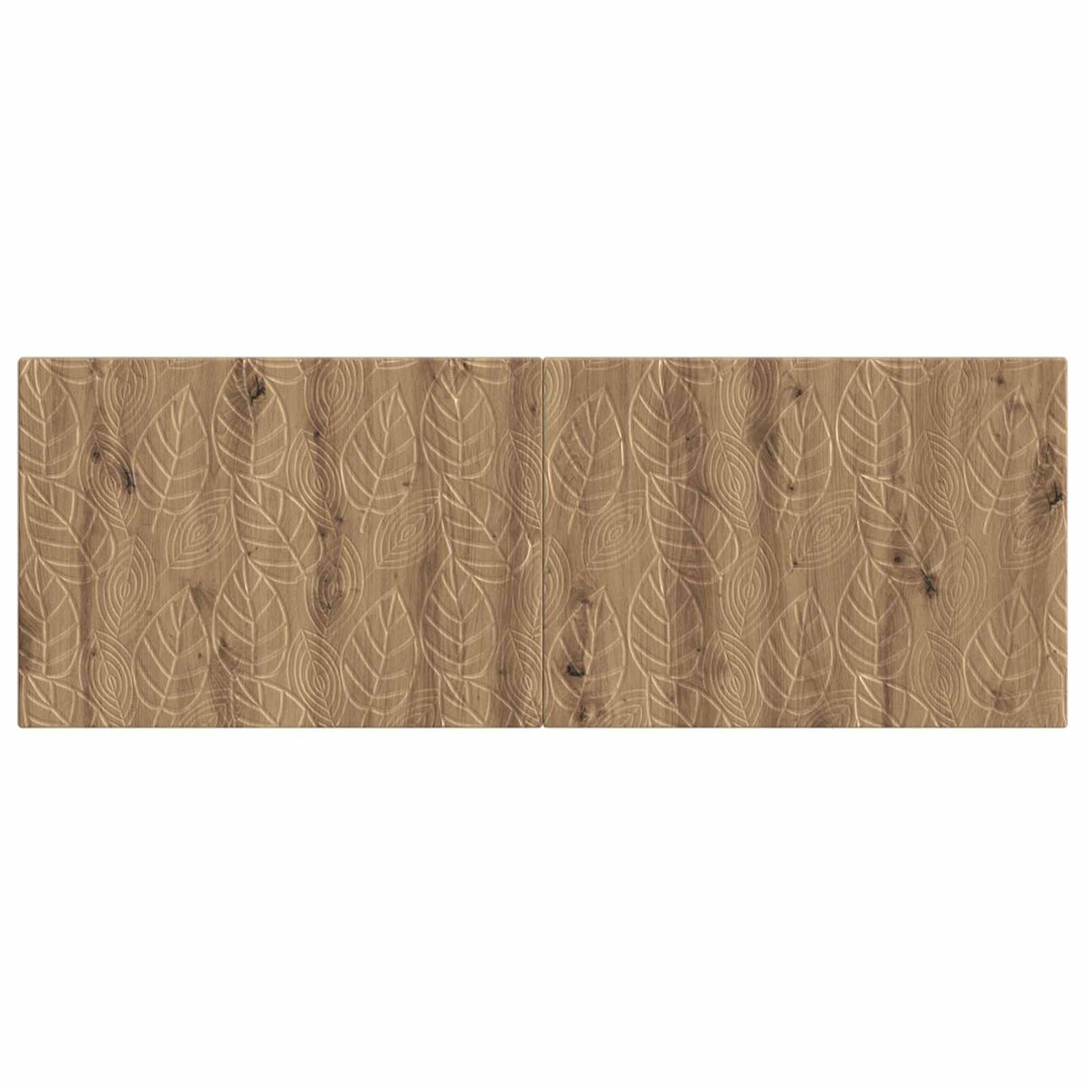 Close-up of the artisan oak engineered wood headboard with carved leaf design