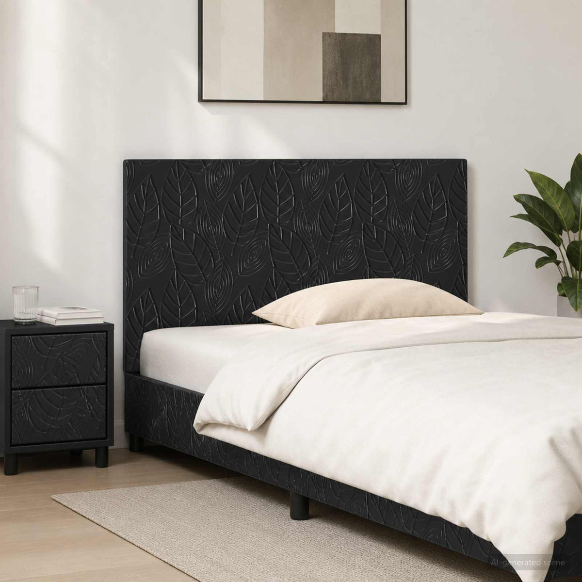 vidaXL Wall-Mounted Headboard DELFT Black Engineered Wood shown in a modern bedroom setting
