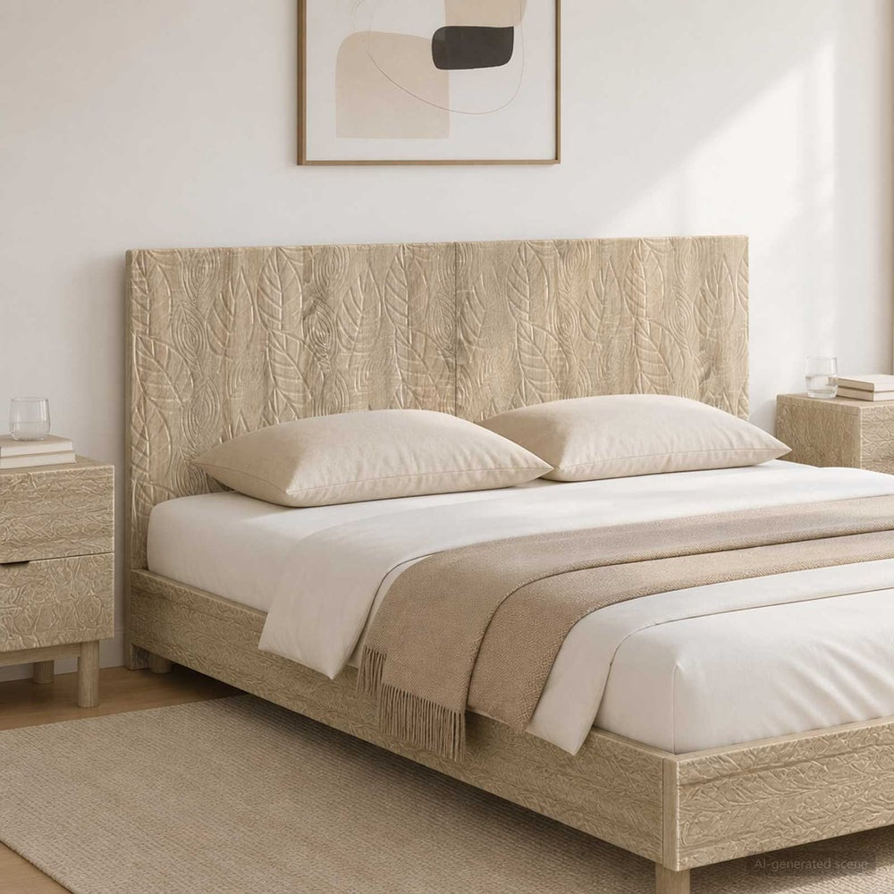vidaXL Wall-Mounted Headboard DELFT Sonoma Oak Engineered Wood shown in a bedroom setting with a bed and bedside table