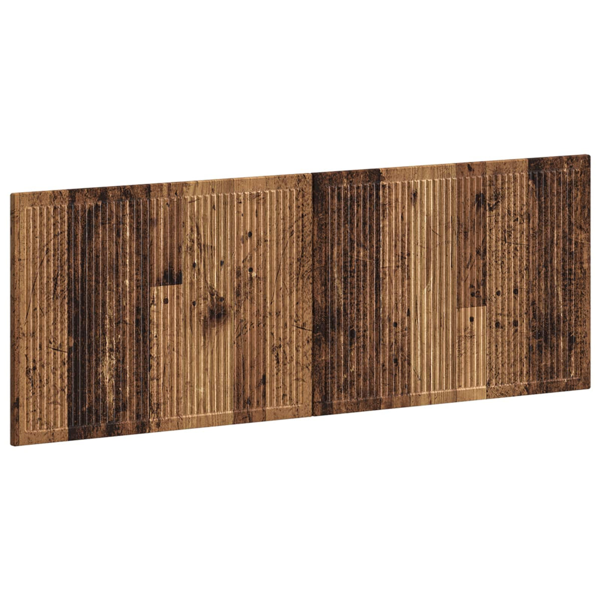 The wall-mounted headboard has a rustic old wood effect finish with vertical paneling