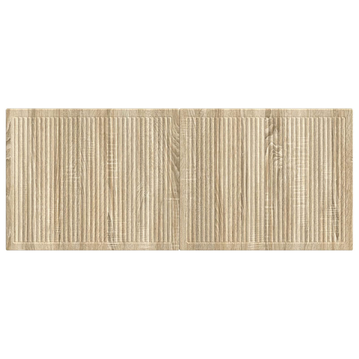 A close-up of the wall-mounted headboard showing the wood grain effect