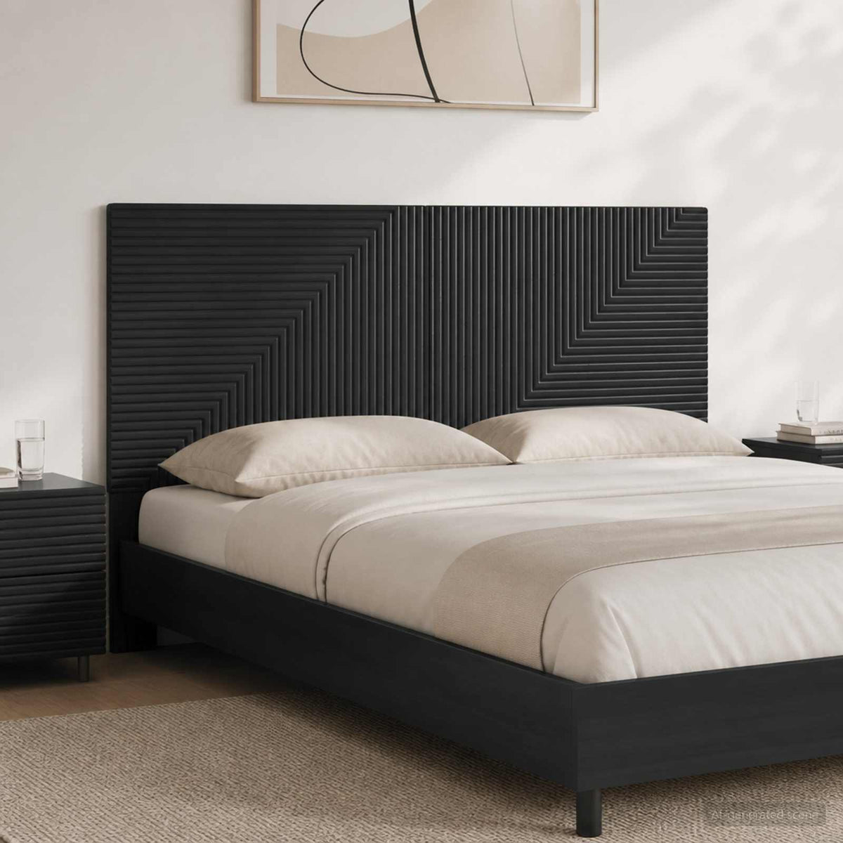 vidaXL Wall-Mounted Headboard HAARLEM Black Engineered Wood shown fitted to a bed in a bedroom