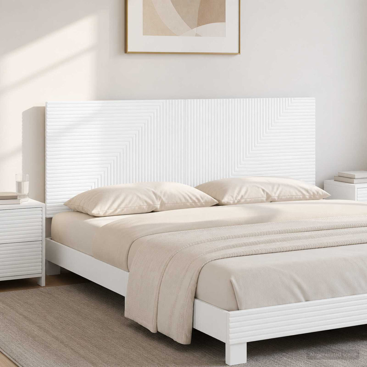 vidaXL Wall-Mounted Headboard HAARLEM High Gloss White Engineered Wood mounted above a double bed