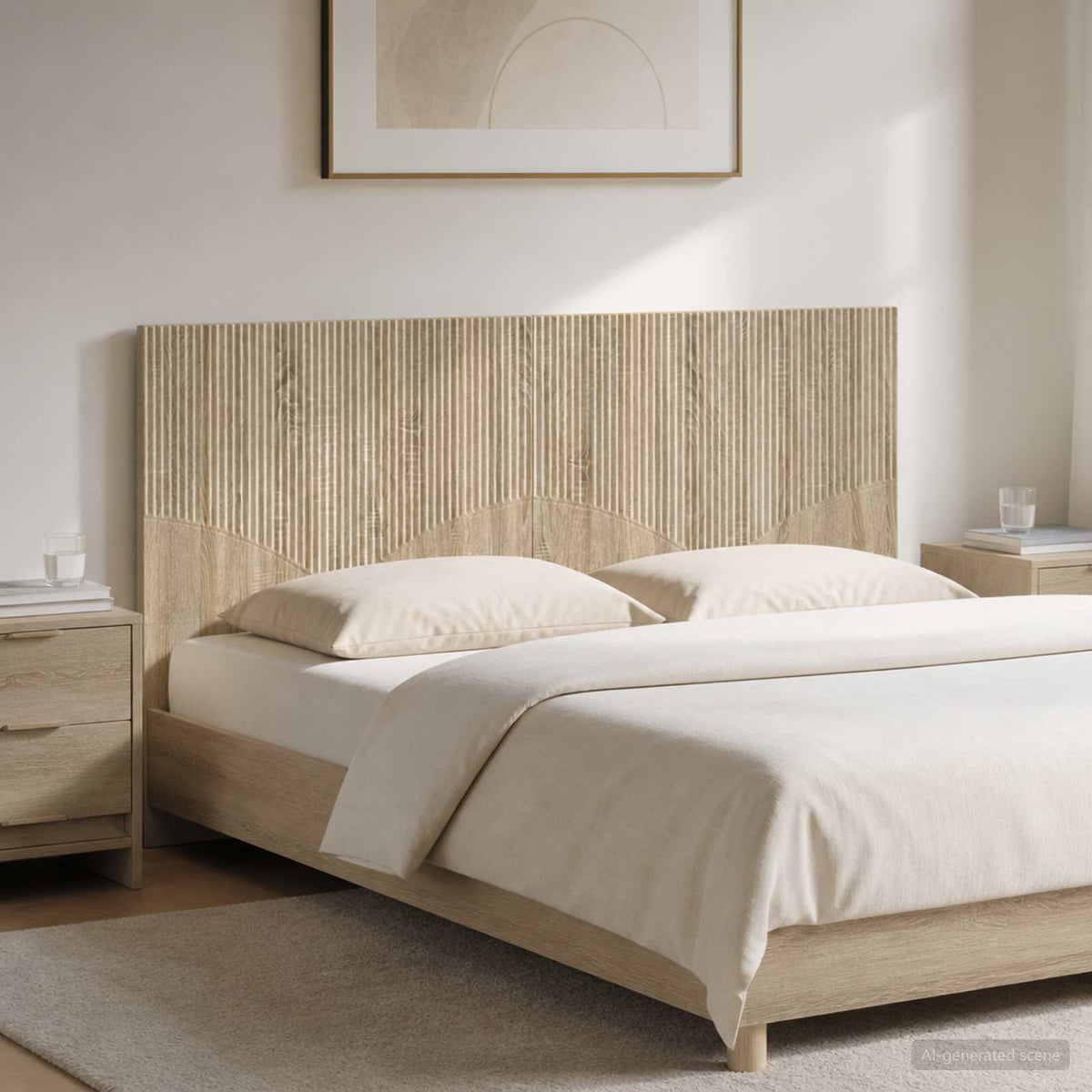 vidaXL Wall-Mounted Headboard HOORN Sonoma Oak Engineered Wood mounted above a bed in a bedroom