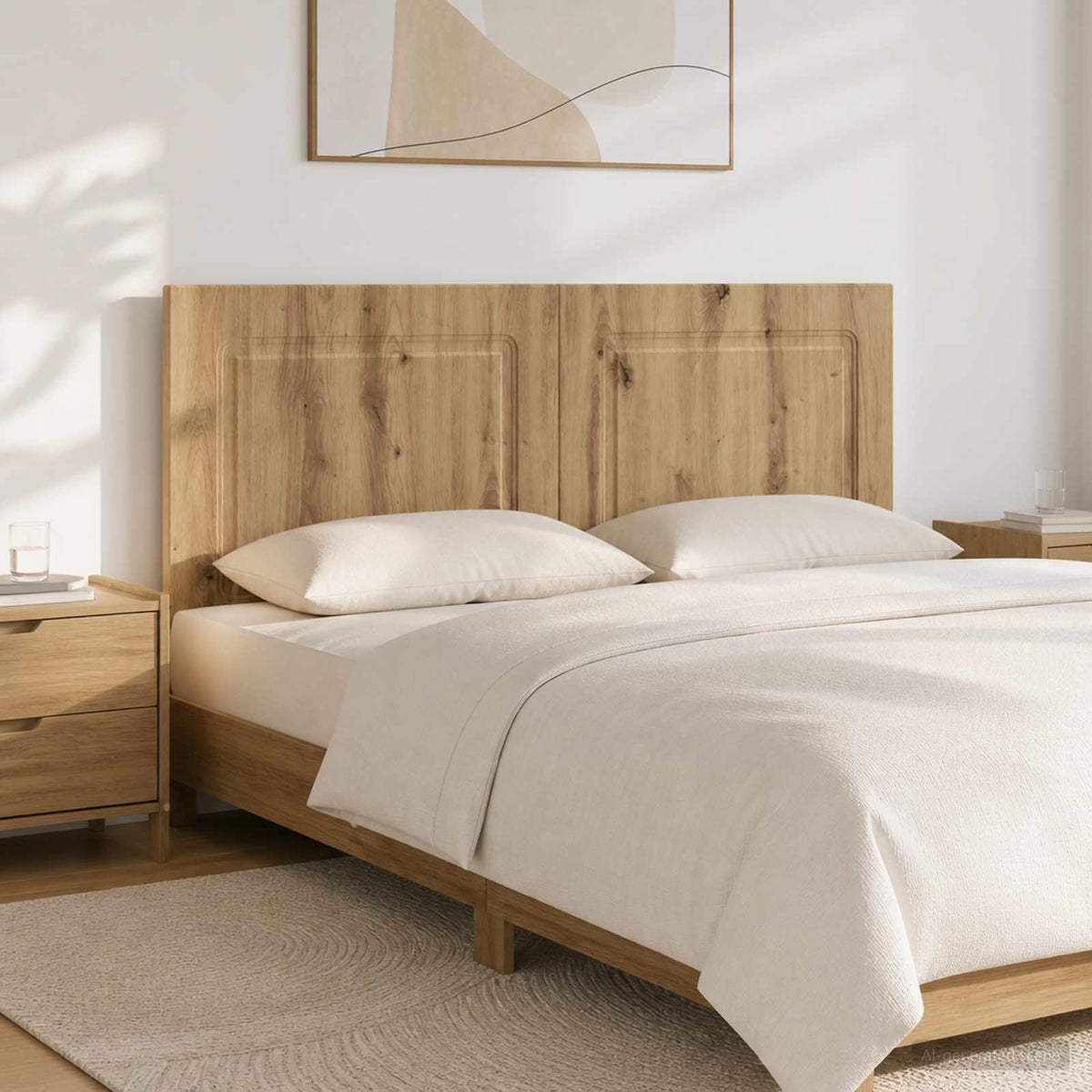 vidaXL Wall-Mounted Headboard UTRECHT Artisan Oak Engineered Wood mounted above a double bed in a bedroom