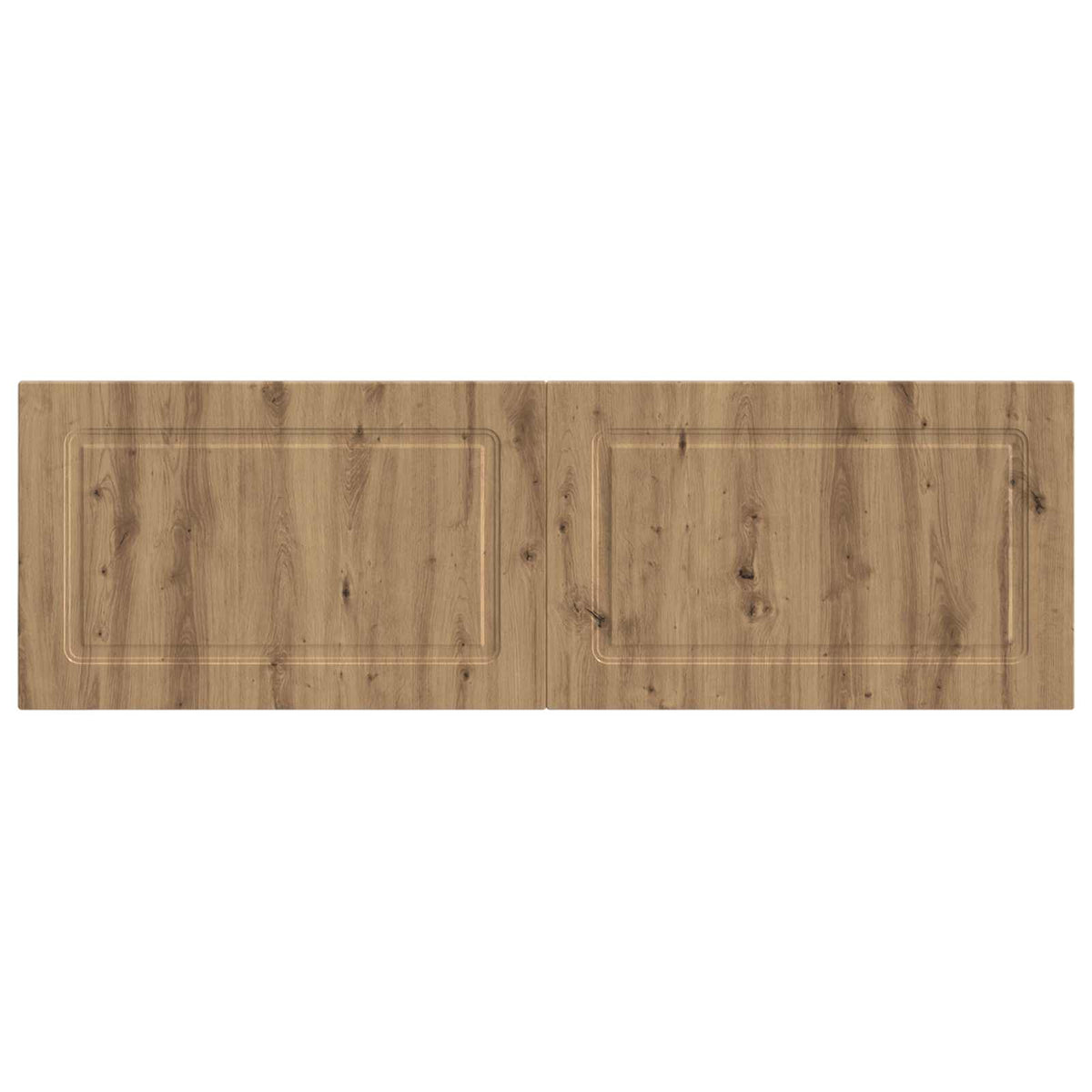 The wall-mounted headboard featuring a clean artisan oak wood grain pattern