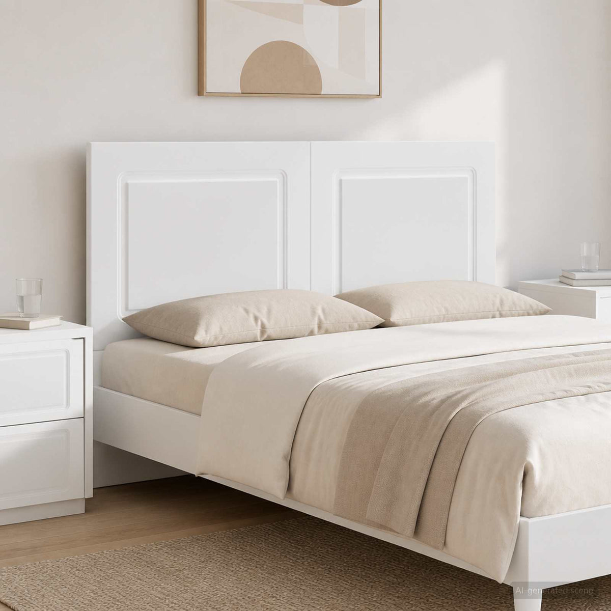 vidaXL Wall-Mounted Headboard UTRECHT High Gloss White Engineered Wood shown in a bedroom setting