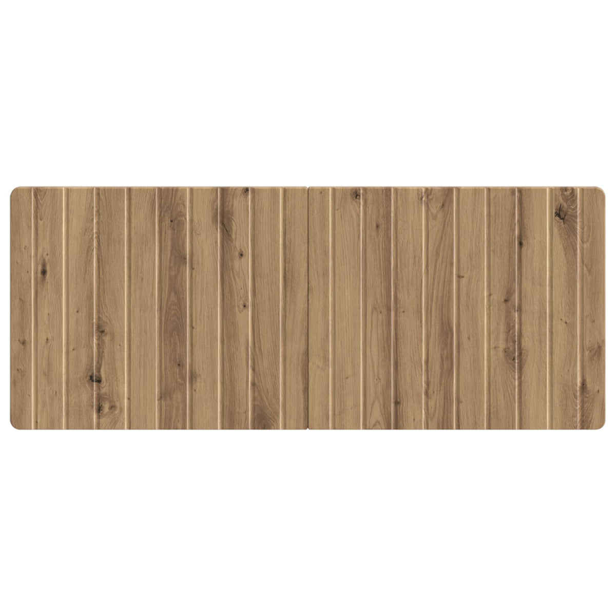 Close-up of the artisan oak engineered wood grain on the wall-mounted headboard