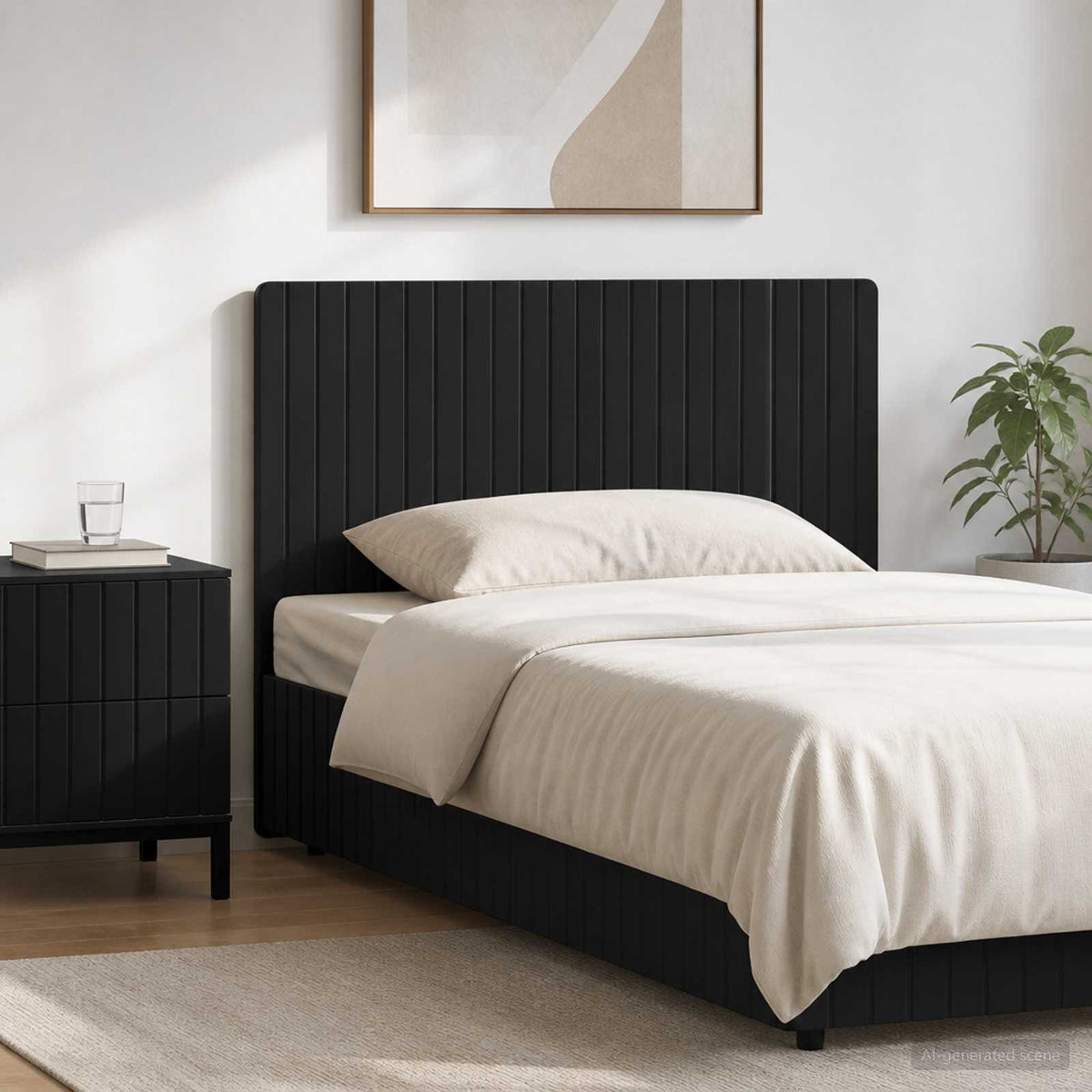 vidaXL Wall-Mounted Headboard ZWOLLE Black Engineered Wood shown fitted to a bed in a bedroom setting