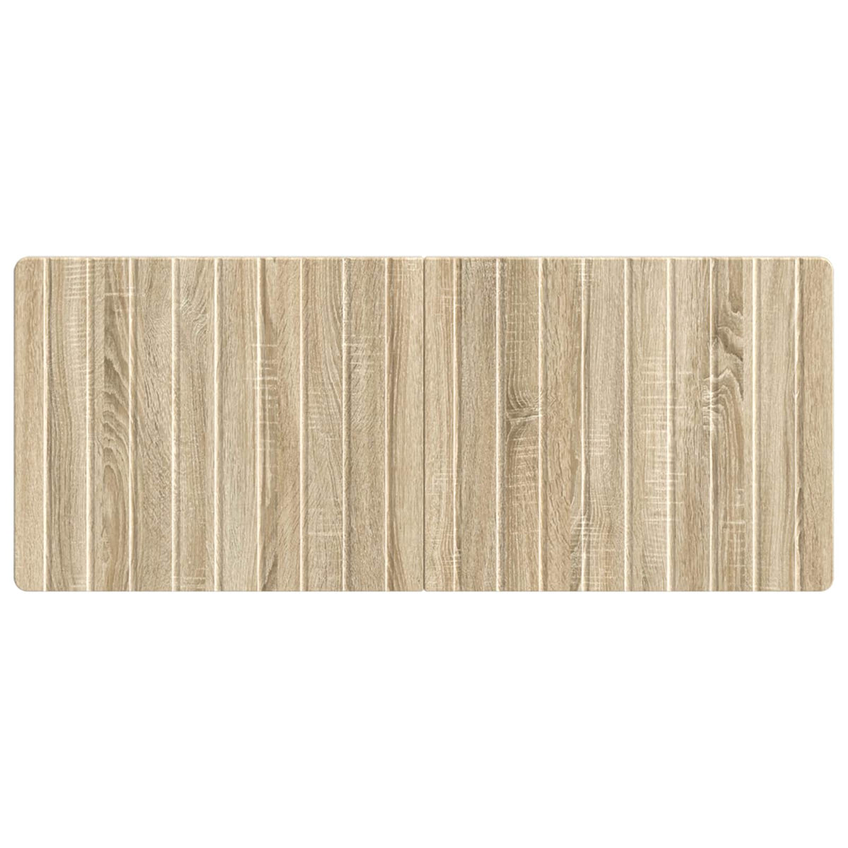The wall-mounted headboard showing its full width and vertical wood effect panels