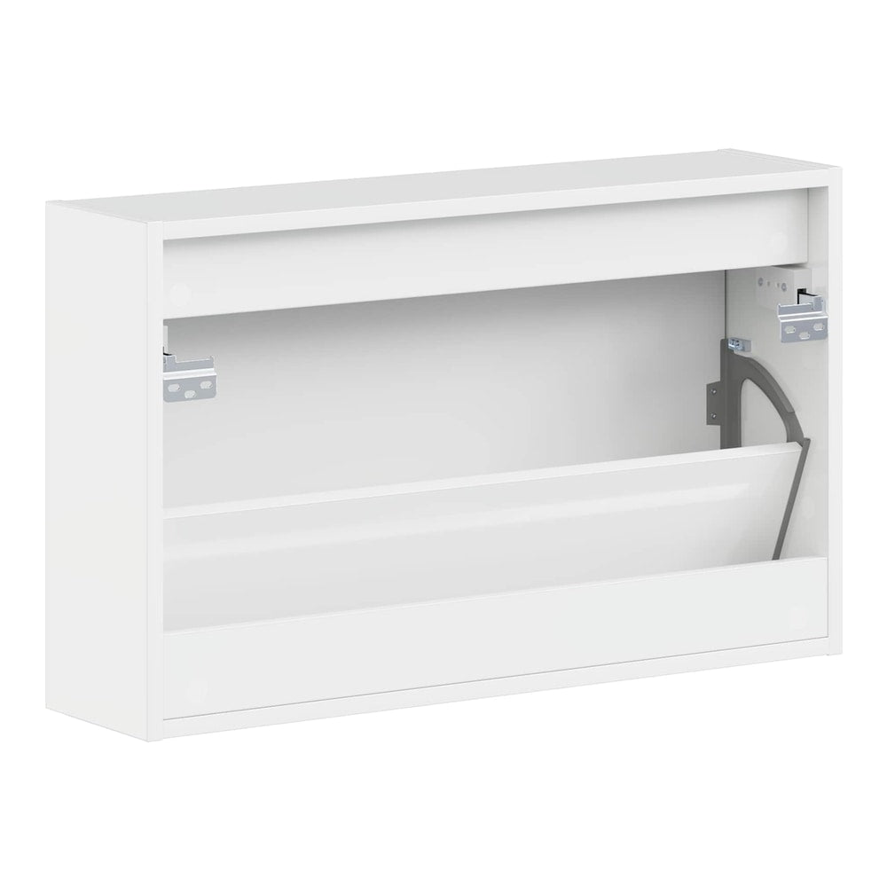 The wall-mounted shoe cabinet with the door open, revealing the internal storage for shoes