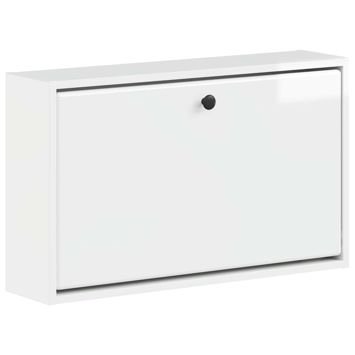 The white wall-mounted shoe cabinet with its door closed, featuring a small black handle