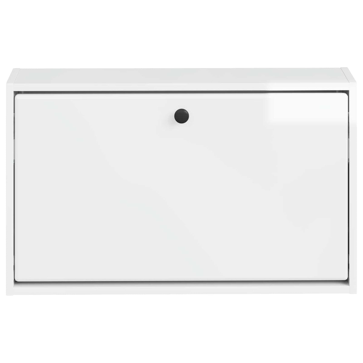 A white wall-mounted shoe organiser with a closed door and a black knob