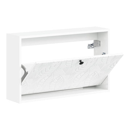 The wall-mounted shoe cabinet with its door open, showing the embossed leaf pattern inside