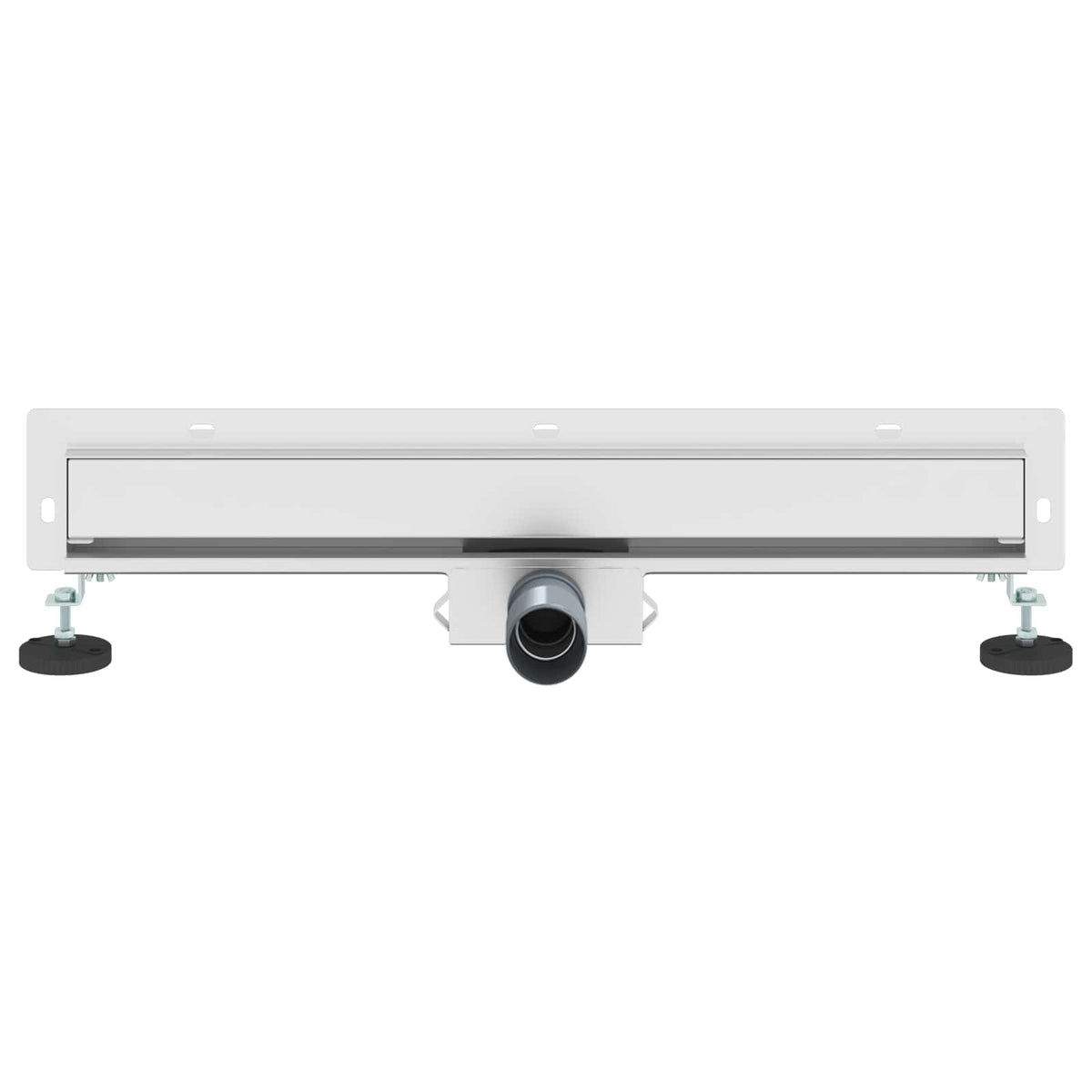 Underside view of the wall mounted shower drain with adjustable feet