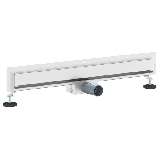 The wall mounted shower drain showing the drainage pipe and adjustable feet on a white background