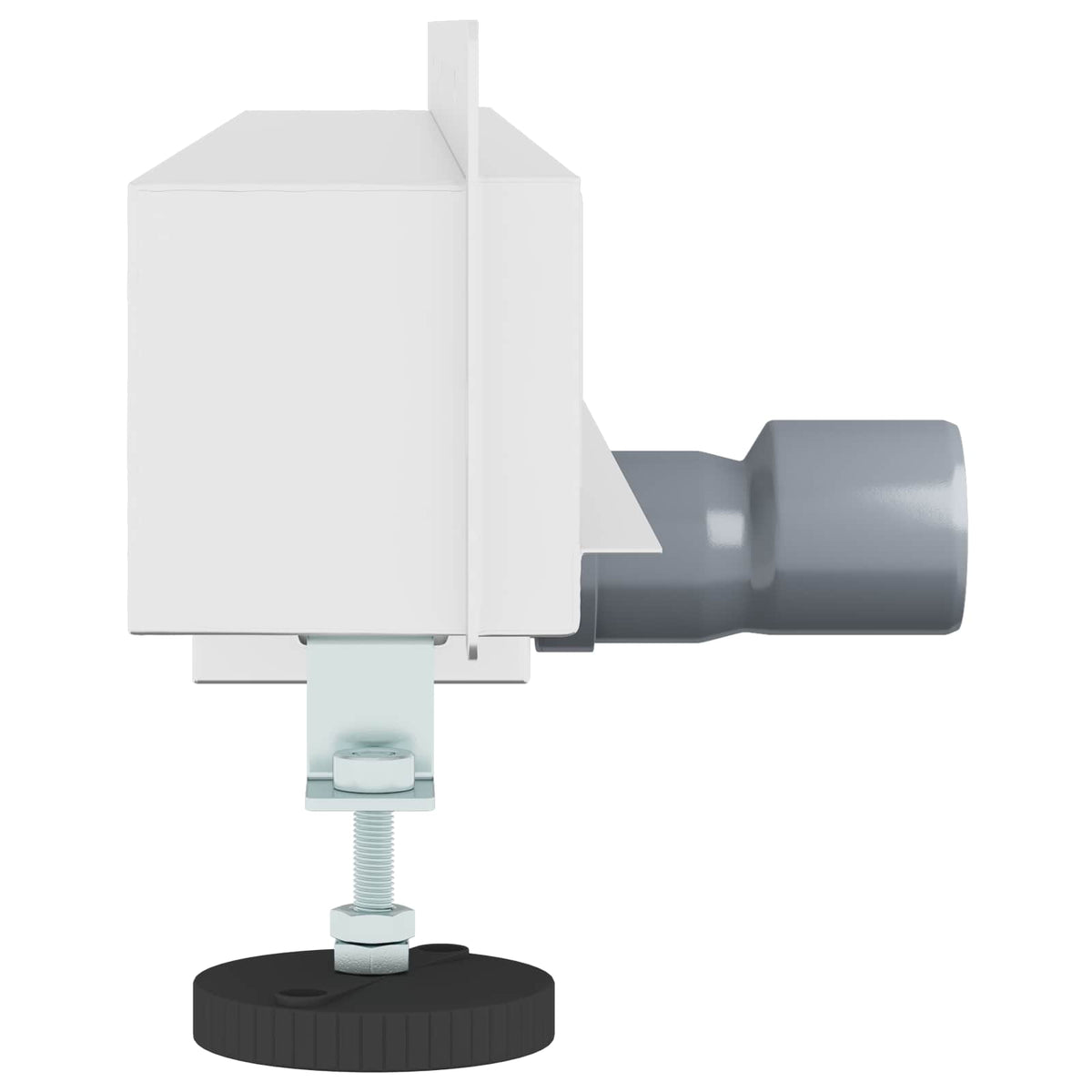 A close-up of the side of the wall mounted shower drain showing the adjustable foot and pipe