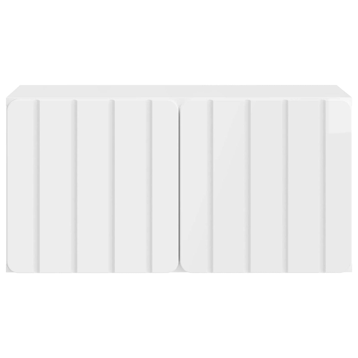 The white wall cabinet viewed directly from the front showing the grooved door design
