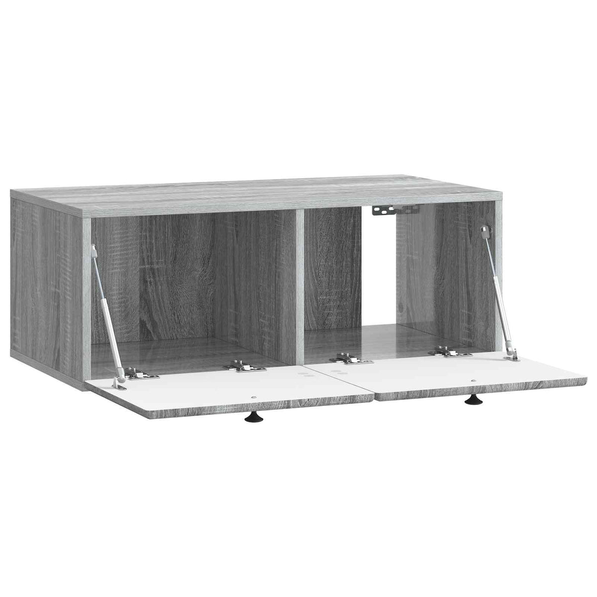 The wall-mounted TV cabinet with both doors open showing the interior space