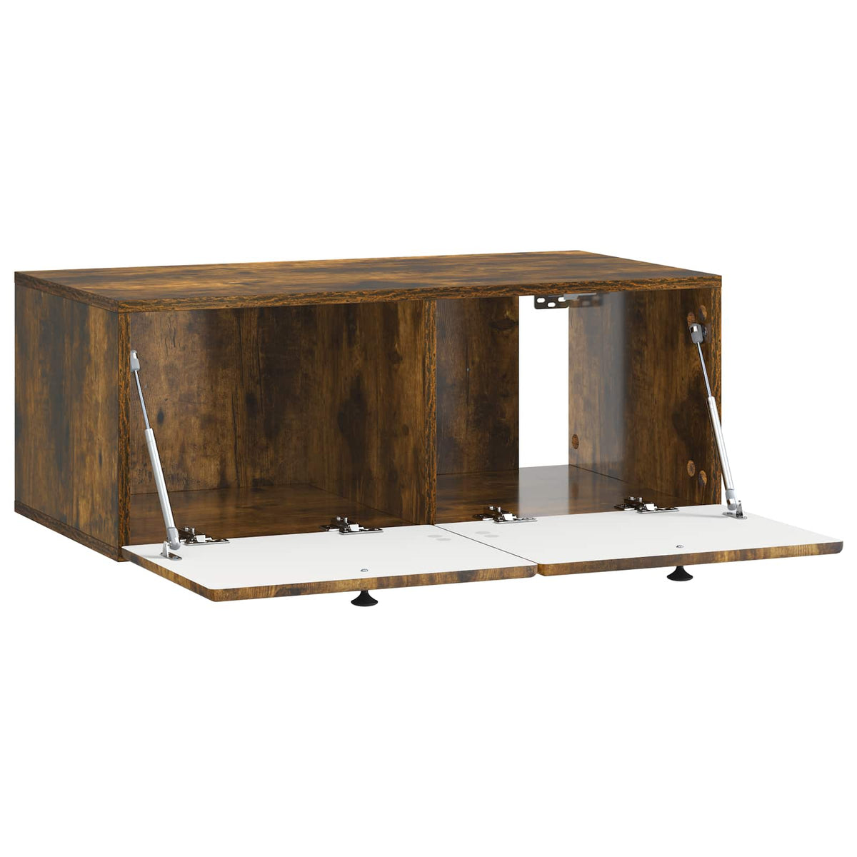 The TV cabinet with both front doors open showing the internal storage compartments