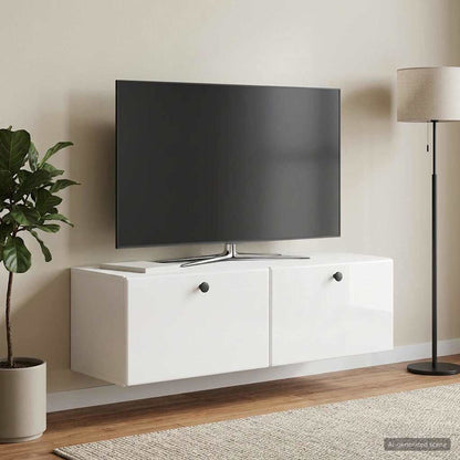vidaXL Wall-Mounted TV Cabinet High Gloss White mounted on a wall with a TV on top