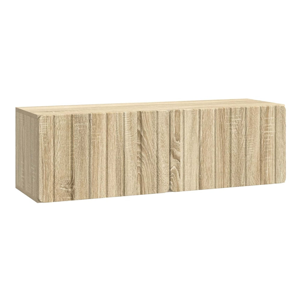 The wall-mounted TV cabinet has a light wood effect finish with vertical panel detailing