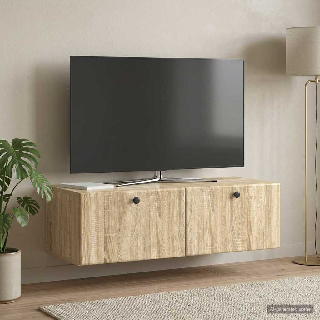 vidaXL Wall-Mounted TV Cabinet Sonoma Oak with a television above it in a room