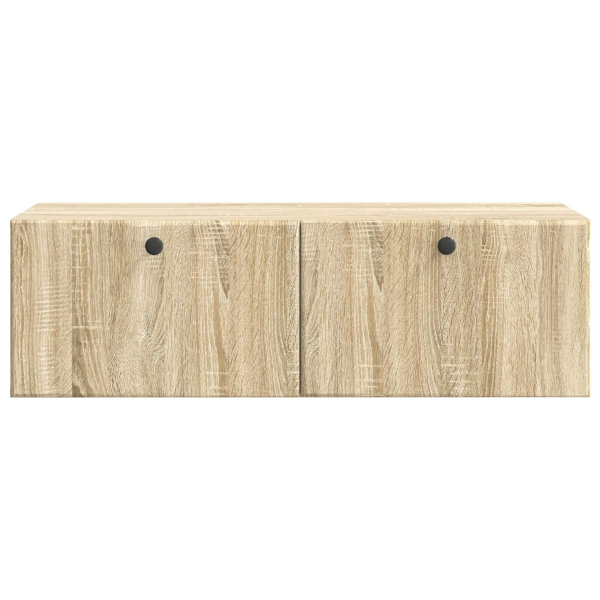 A close-up of the wall-mounted TV cabinet showing its wood grain texture