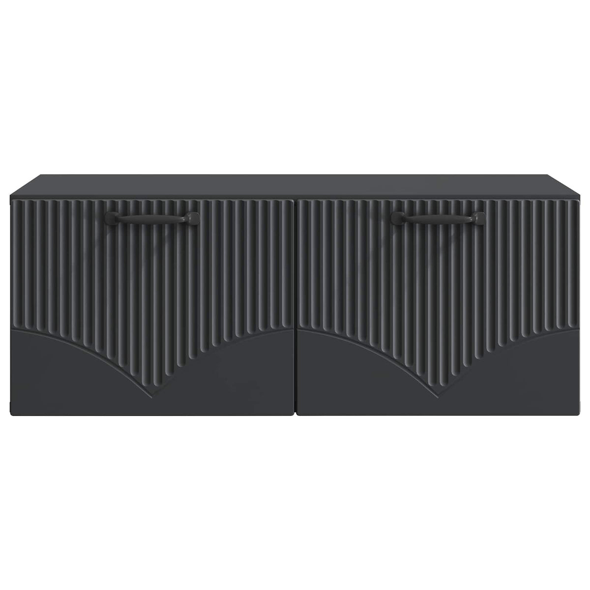 Close-up of the front of the black engineered wood wall-mounted TV cabinet