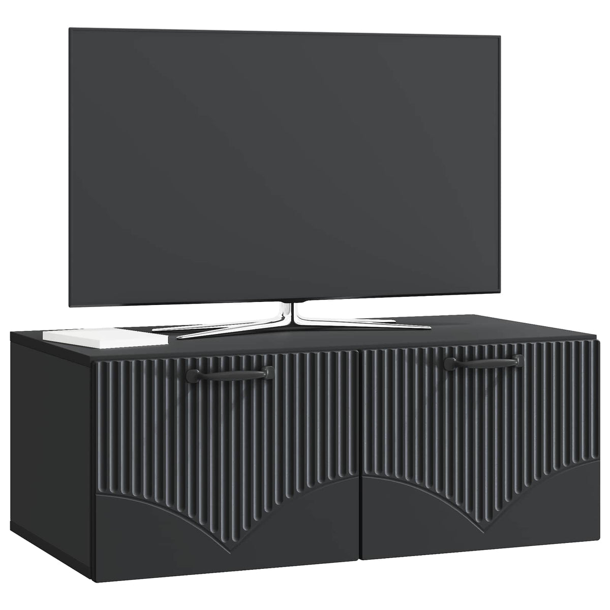 Wall-mounted TV cabinet in black engineered wood with a television on top