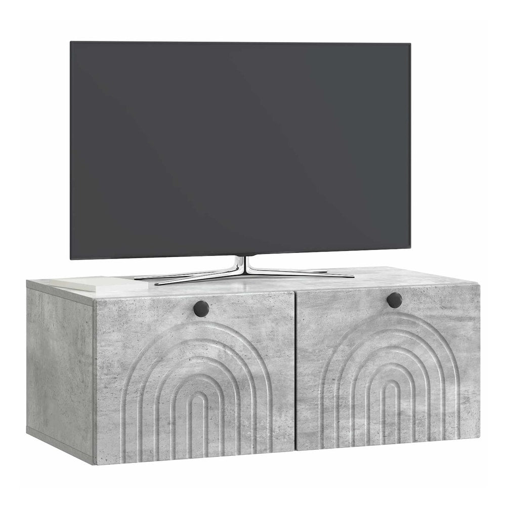 wall mounted cabinet with a TV on top, grey concrete effect finish