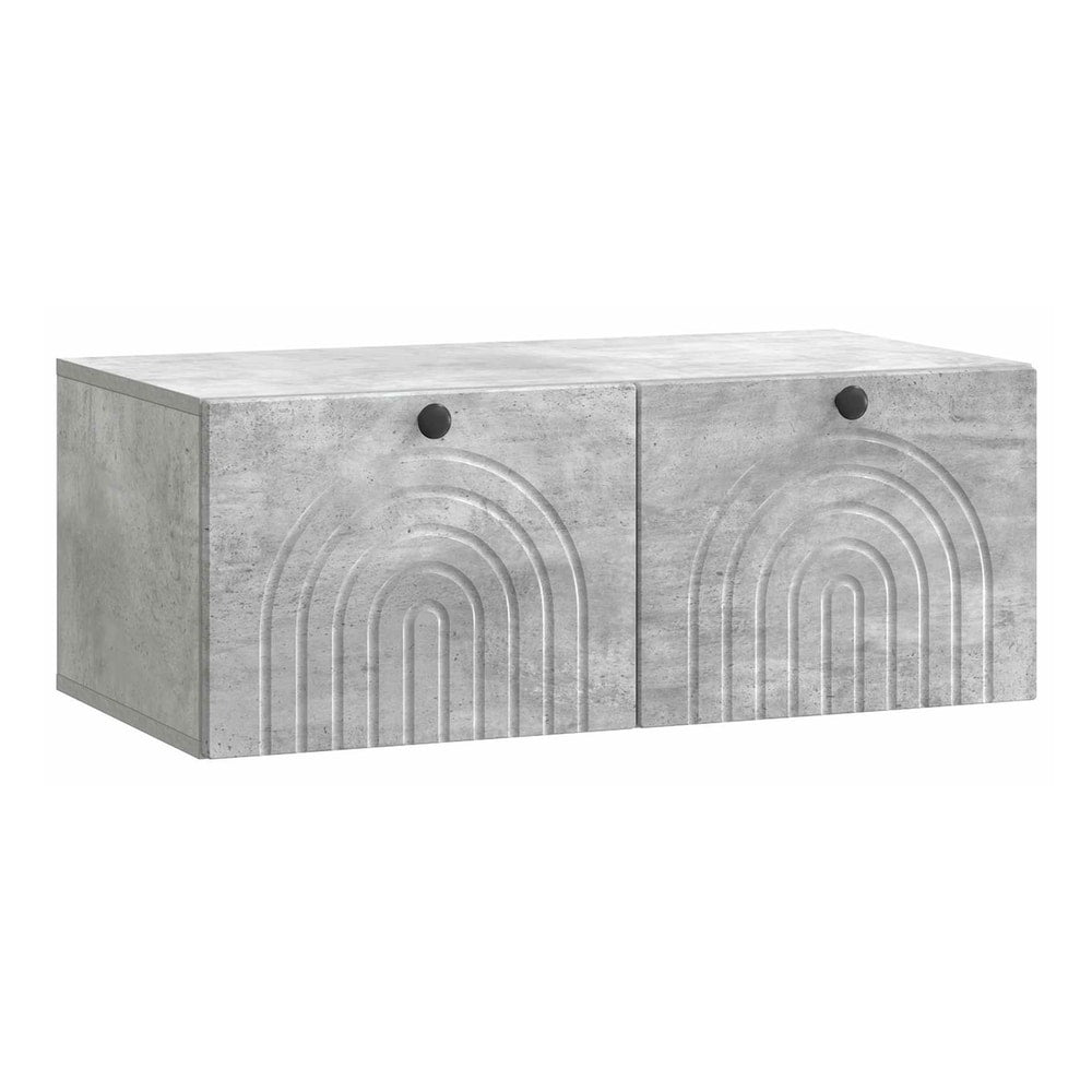 concrete grey wall mounted cabinet with two doors and a textured finish